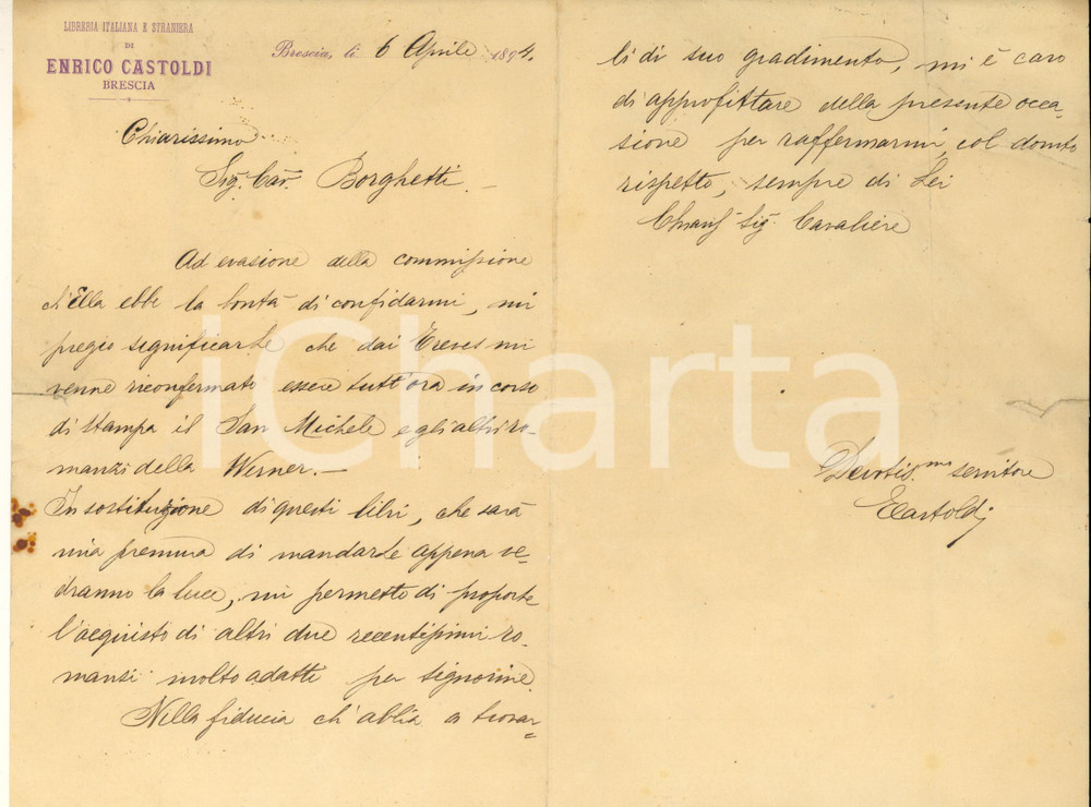 Autografo originale 1894 BRESCIA Enrico CASTOLDI  Lettera su libri per signorine AUTOGRAFO 1