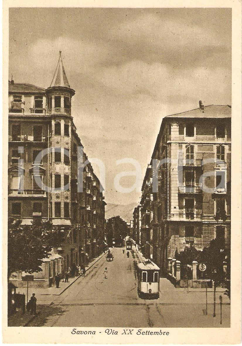 Cartolina originale da collezione 1940 circa SAVONA Via XX Settembre ANIMAZIONE CON TRAM Cartolina FG NV 1