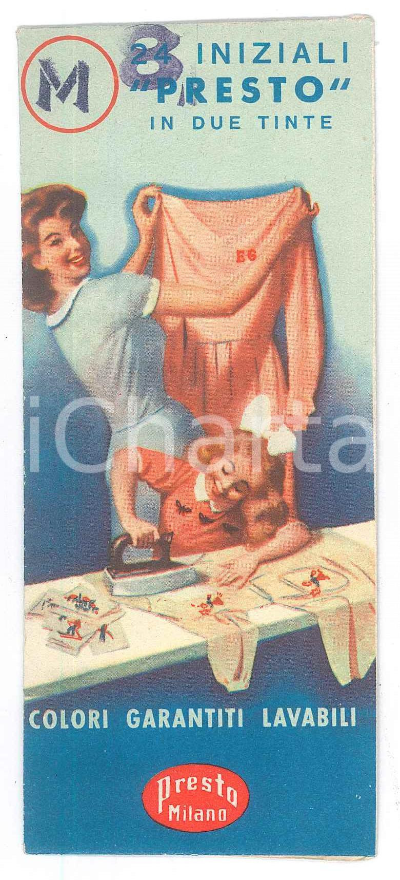 Materiale pubblicitario d’epoca 1950 ca MILANO  PRESTO Iniziali adesive per tessuti  Bustina pubblicitaria 1