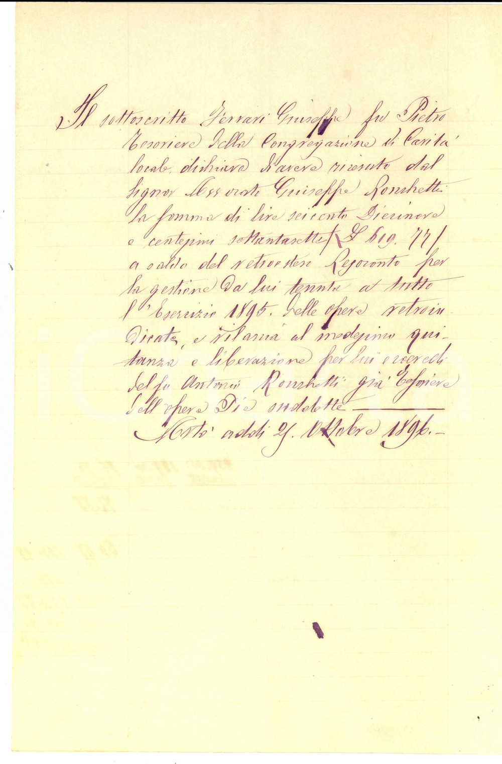 Documento originale, autentico 1896 ARTO  VB Ricevuta Congregazione di CartiÃ  all avv. Giuseppe RONCHETTI 1