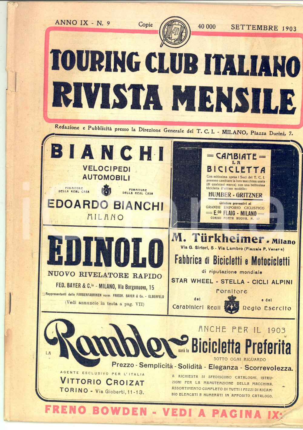 Materiale pubblicitario d’epoca 1903 TOURING CLUB ITALIANO Rivista mensile - Il MONCENISIO Anno IX nÂ°9 1