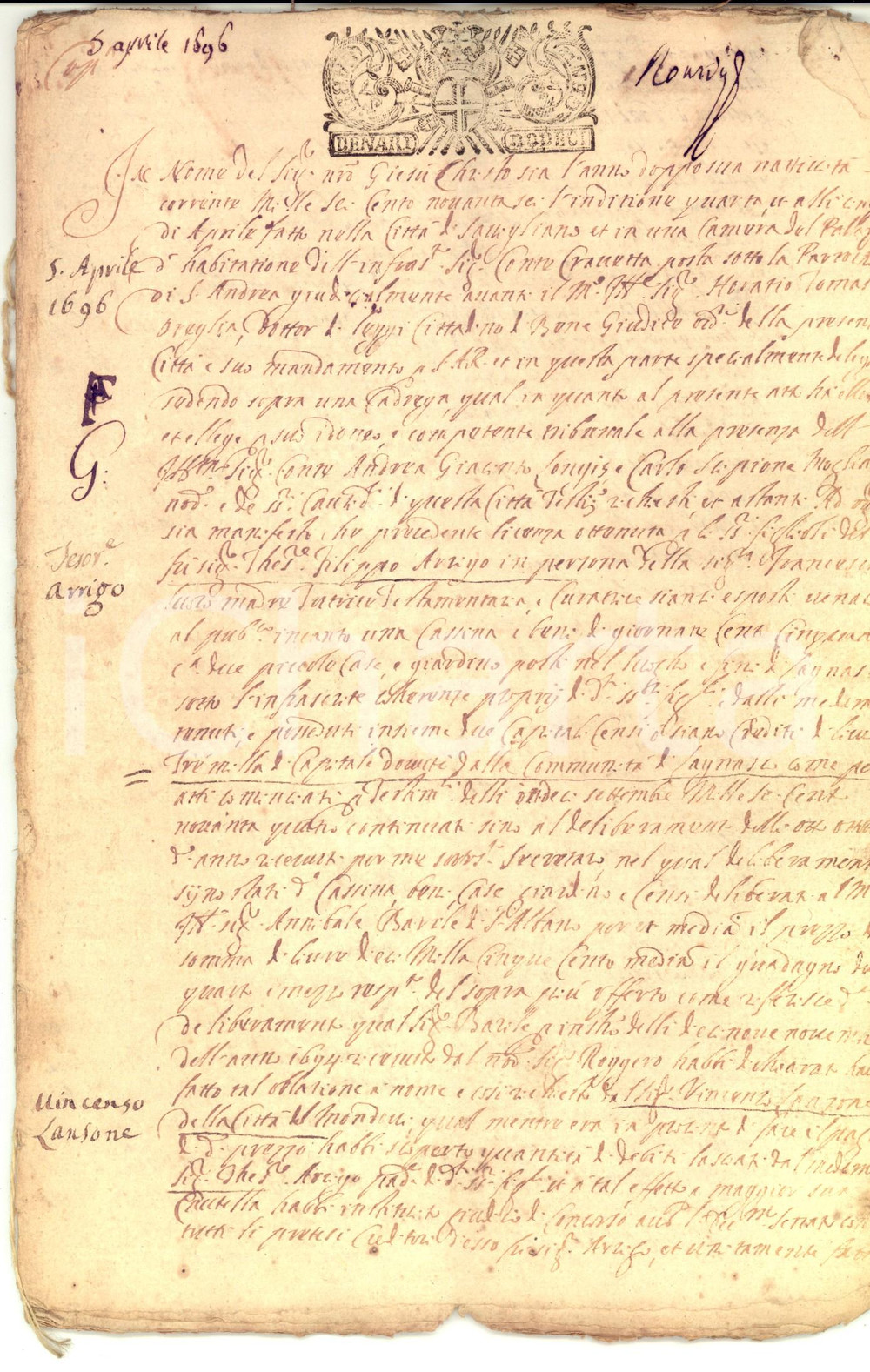 Documento originale, autentico 1696 LAGNASCO CN Filippo ARRIGO vende cascina e terre a Vincenzo LANZONE 24pp. 1