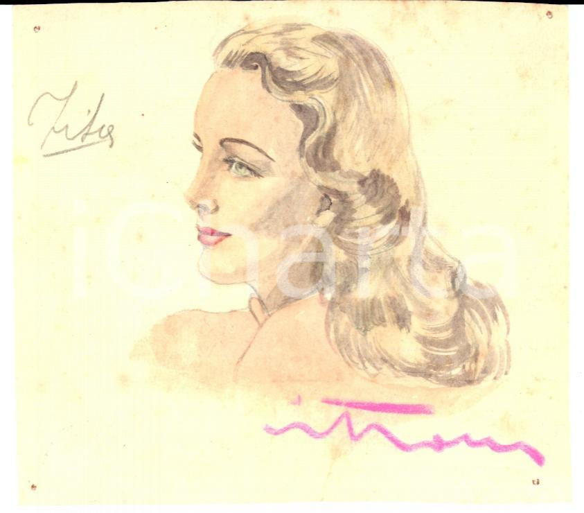 Opera d’arte autentica 1940 ca Ritratto di RITA HAYWORTH Acquerello cm 10 x 9 1