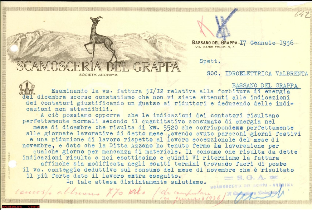 Materiale pubblicitario d’epoca 1956 BASSANO (VI) Scamosceria del Grappa bolletta RARO 1