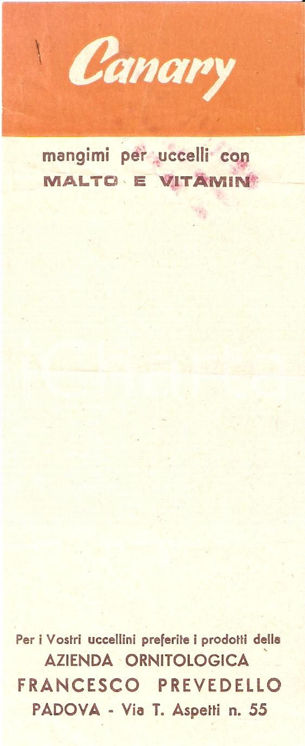 Materiale pubblicitario d’epoca 1964 PADOVA Azienda Ornitologica Francesco PREVEDELLO Mangimi CANARY *Ricevuta 1