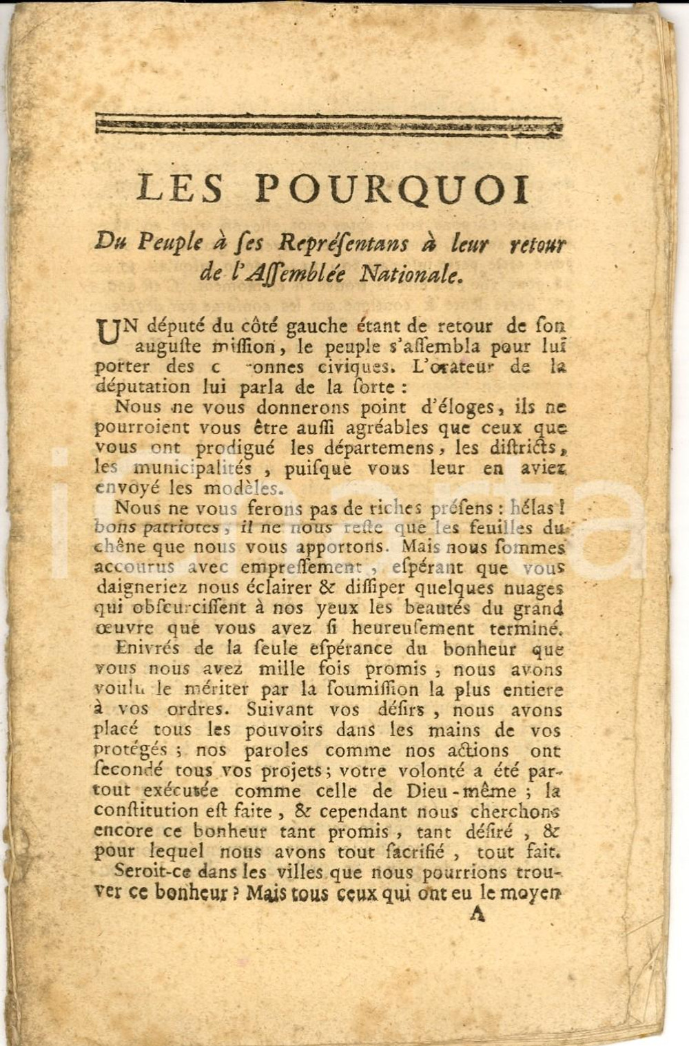 Libro, pubblicazione d epoca 1792 Les Pourquoi du Peuple à  ses Représentants RARO 1