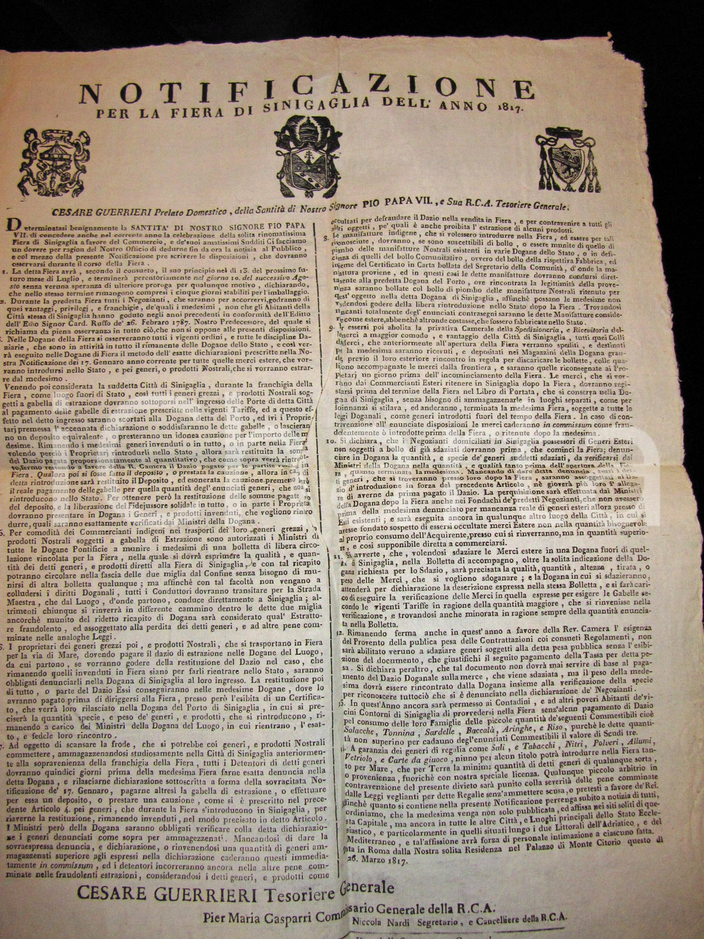 Documento originale, autentico 1817 FIERA DI SENIGALLIA Regolamento per i negozianti *Manifesto RARO 1