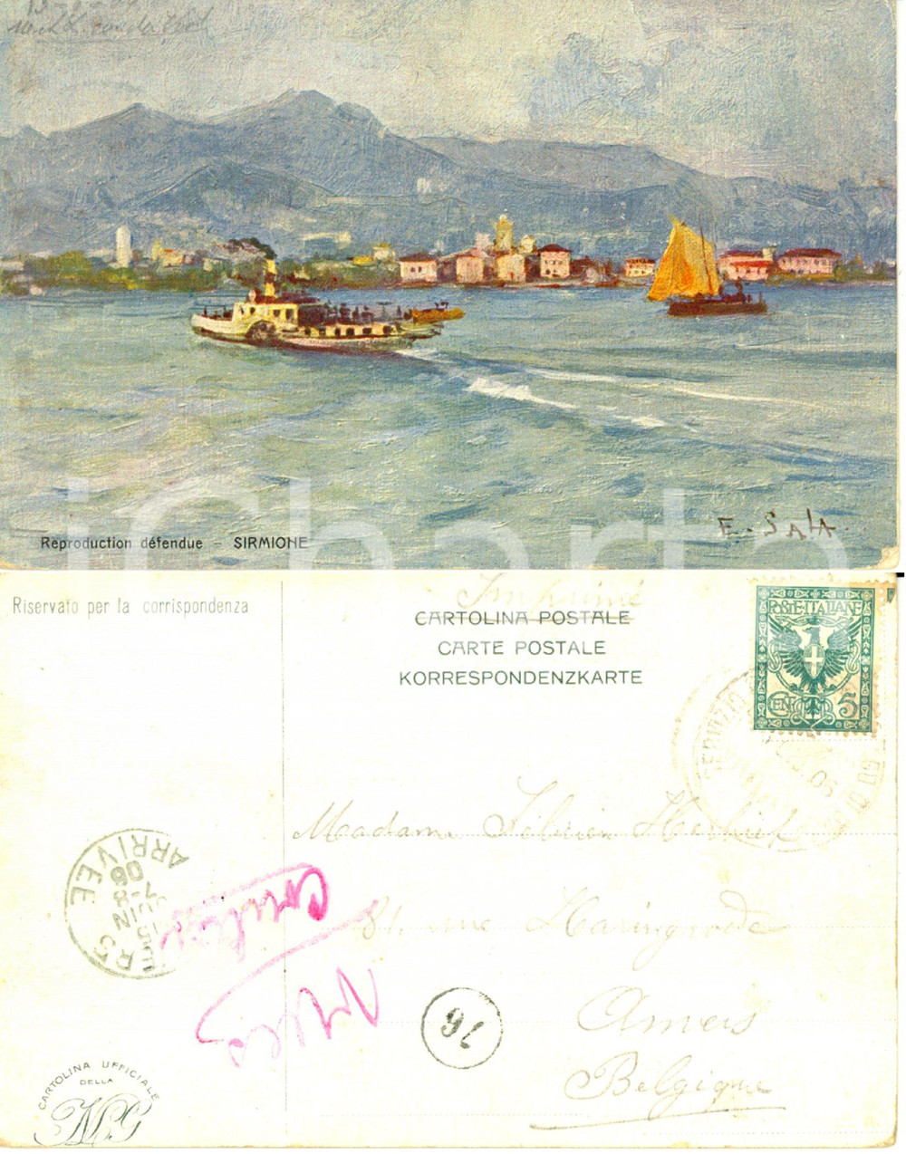 Cartolina originale da collezione 1906 STORIA POSTALE SIRMIONE BS Annullo NATANTE Servizio Postale LAGO DI GARDA 1