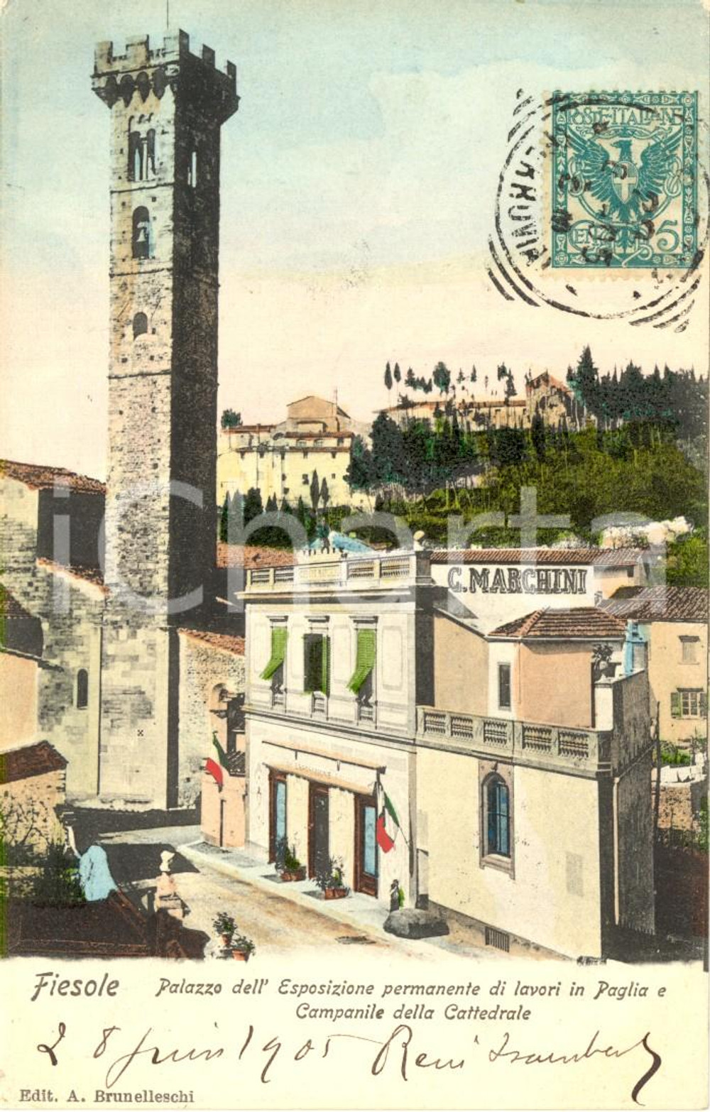 Cartolina originale da collezione 1905 FIESOLE (FI) Casa MARCHINI e campanile cattedrale di SAN ROMOLO *FP VG 1