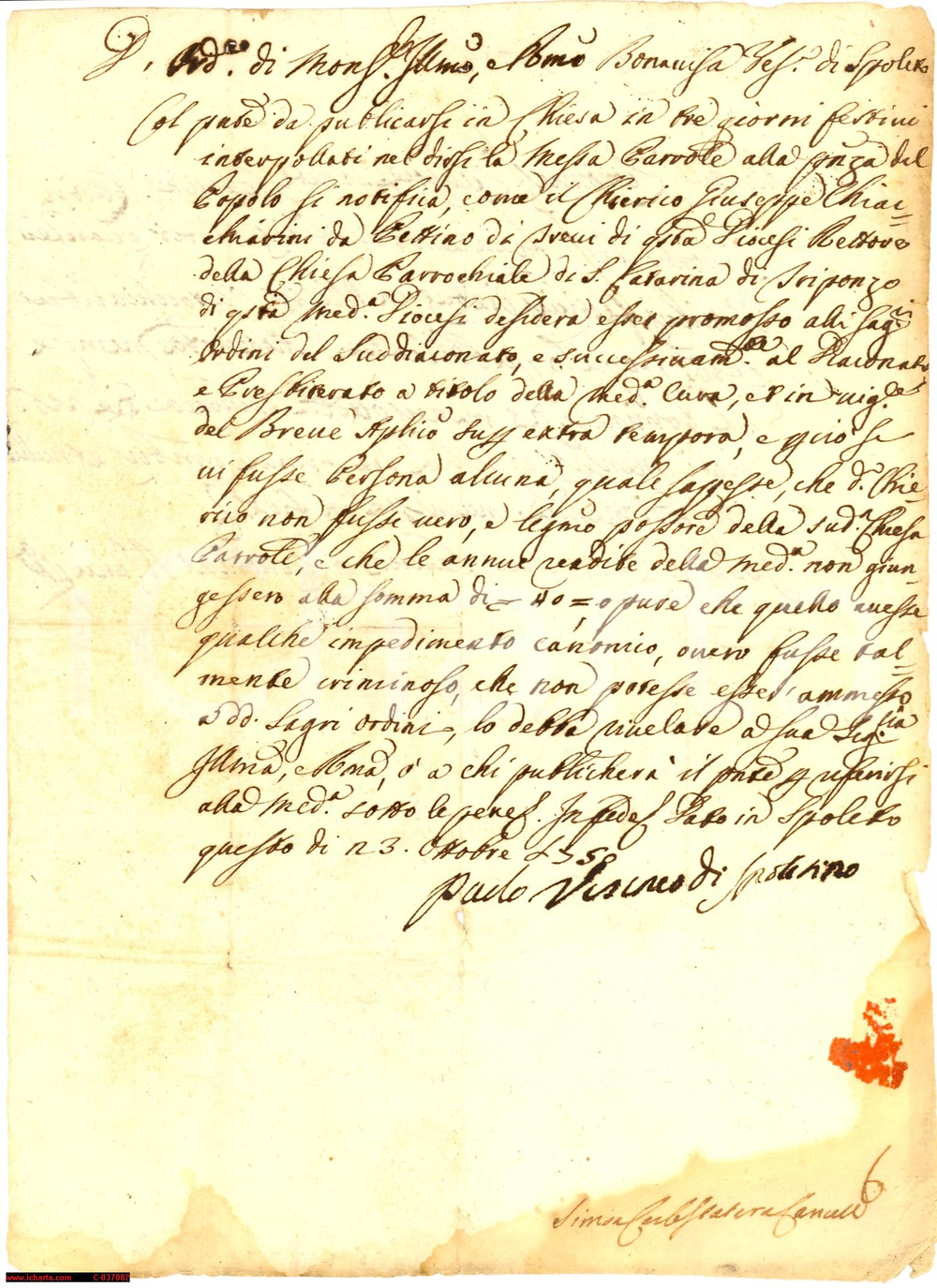 Manoscritto, lettera originale 1758 SPOLETO Nomina a suddiaconato Triponzo letter 1