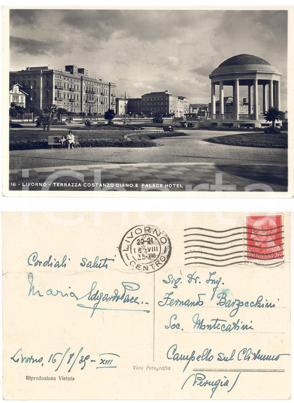 Autografo originale 1935 LIVORNO Terrazza CIANO *Cartolina AUTOGRAFO Edgardo PACE FP VG 1