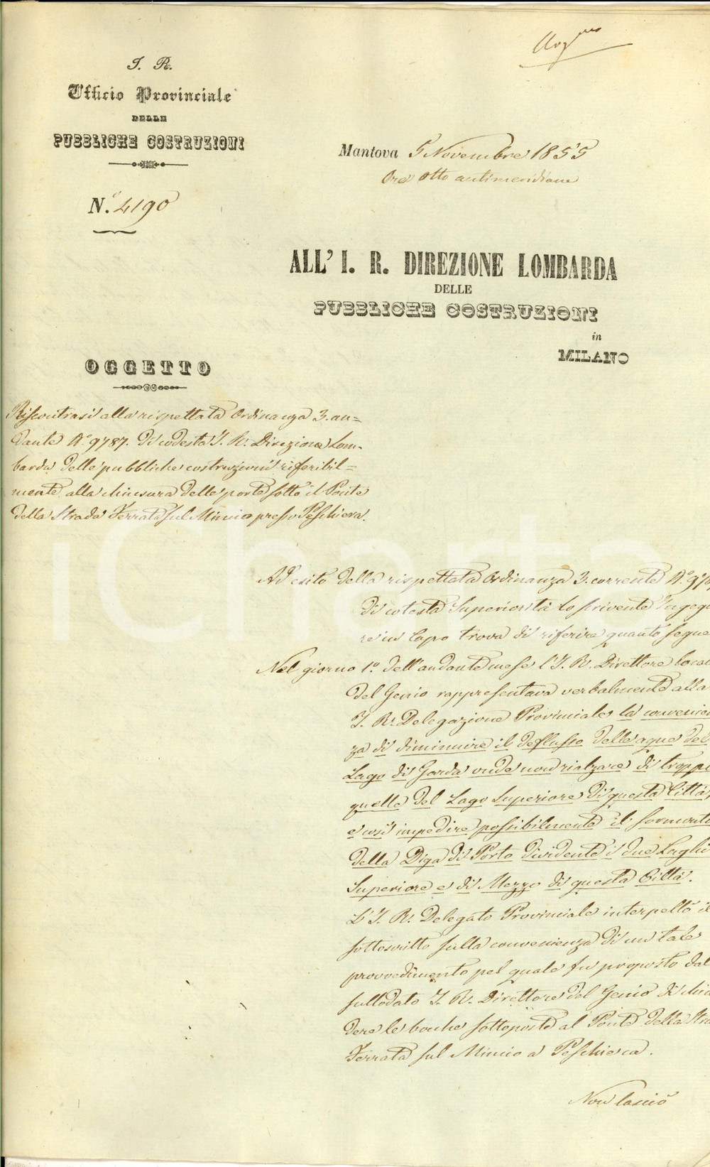 Documento originale, autentico 1855 PESCHIERA DEL GARDA (VR) Ing. MALACARNE chiude ponte sotto la ferrovia 1