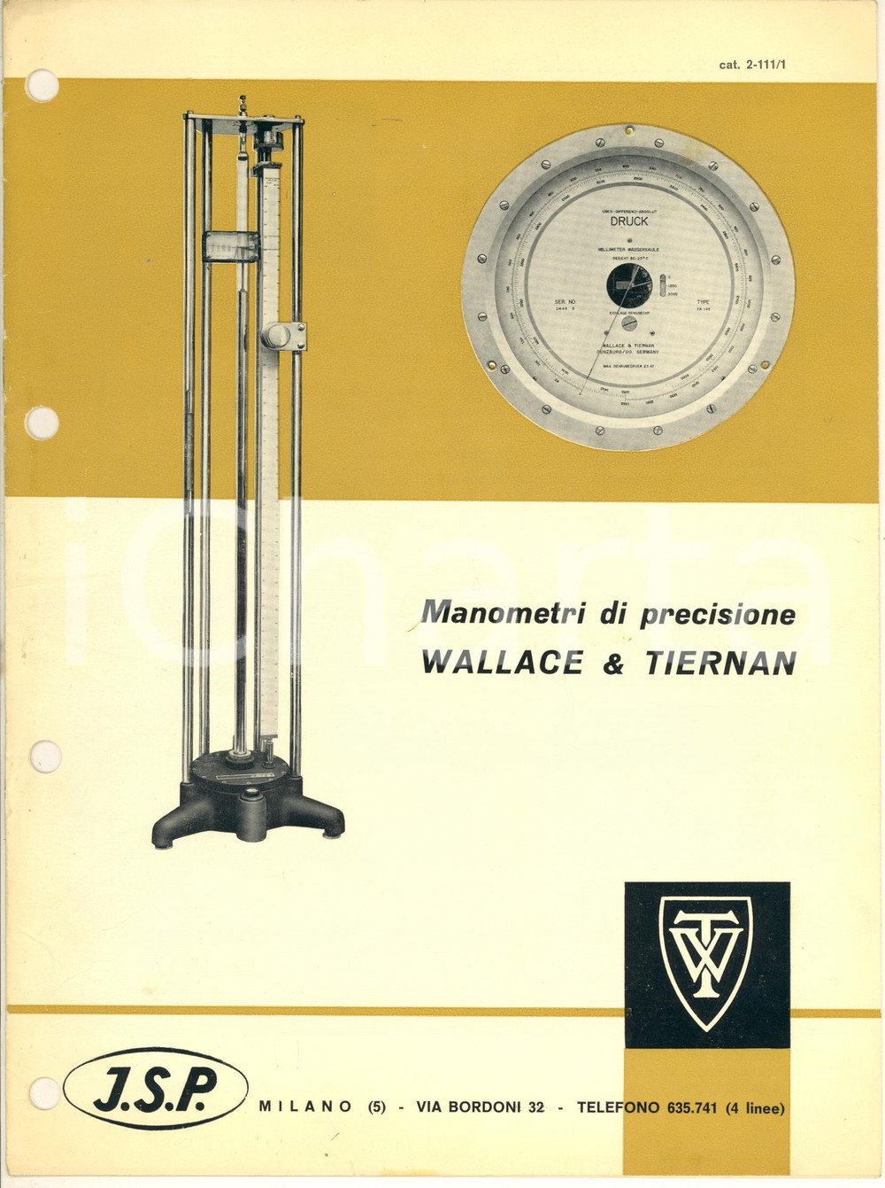 Materiale pubblicitario d’epoca 1966 MILANO Ditta J.S.P. Manometri di precisione WALLACE & TIERNAN Catalogo 1