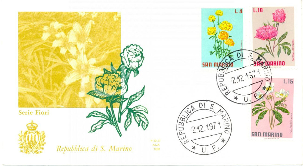 Materiale pubblicitario d’epoca 1971 REPUBBLICA SAN MARINO Fiori con annullo filatelico BUSTA PRIMO GIORNO 1