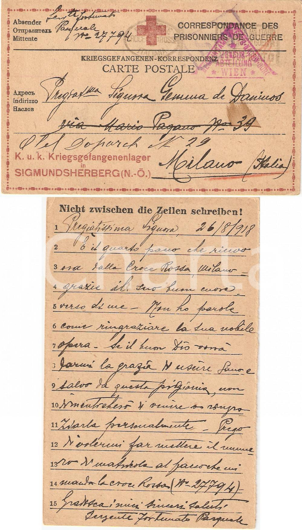 Documento originale, autentico 1918 SIGMUNDSHERBERG AU Serg. Pasquale FORTUNATO ringrazia Gemma DE DANINOS 1