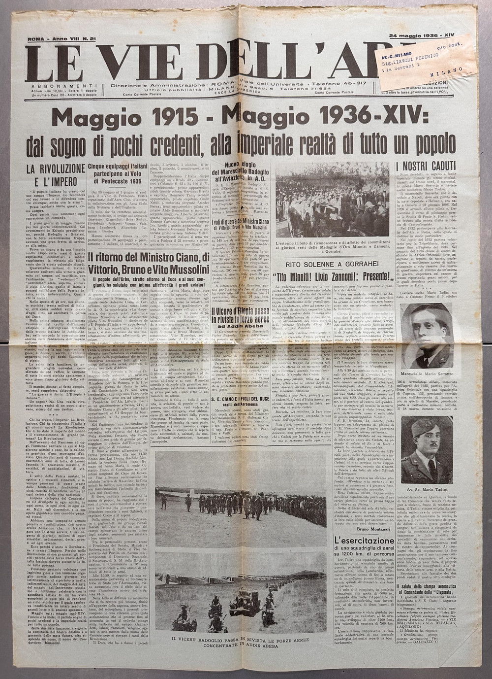 Giornale, rivista storica 1936 LE VIE DELL'ARIA Rivoluzione Fascista ha creato Impero in AFRICA ORIENTALE 1
