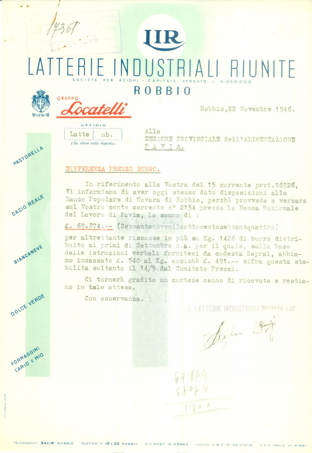 Documento originale, autentico 1946 ROBBIO PV Latterie Industriali Riunite pagano differenza per burro 1