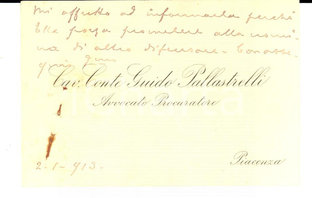 Autografo originale 1913 PIACENZA Biglietto da visita del cav. conte Guido PALLASTRELLI Autografo 1