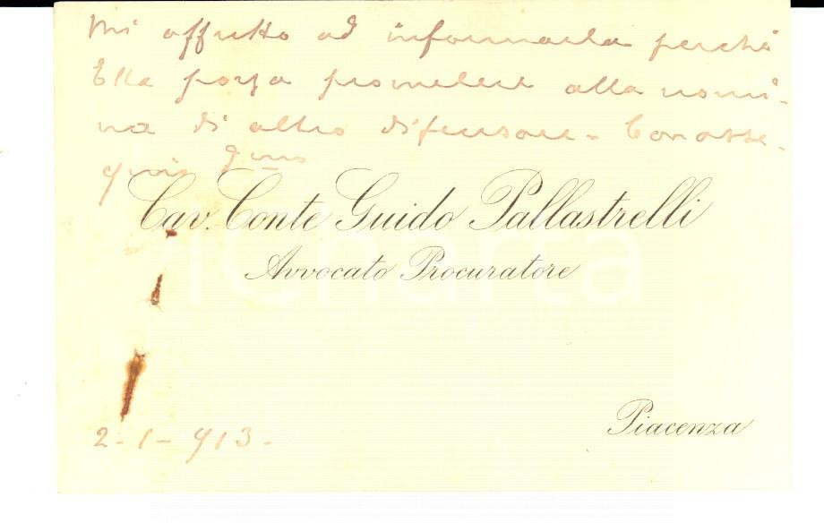 Autografo originale 1913 PIACENZA Biglietto da visita del cav. conte Guido PALLASTRELLI Autografo 1