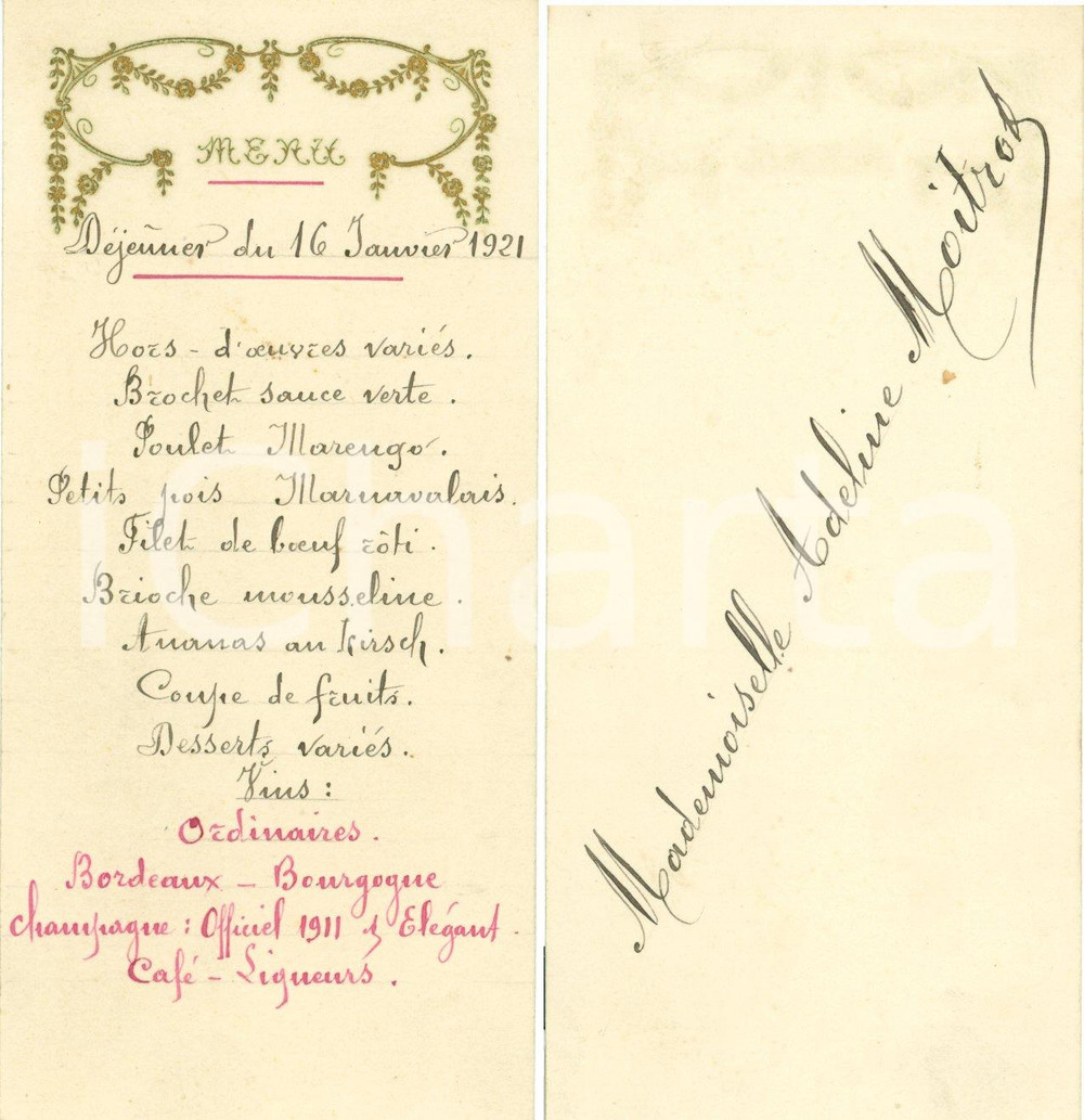 Oggetto da collezione cartaceo 1921 Adeline MOITROT Menu Déjeuner per Cresima 1