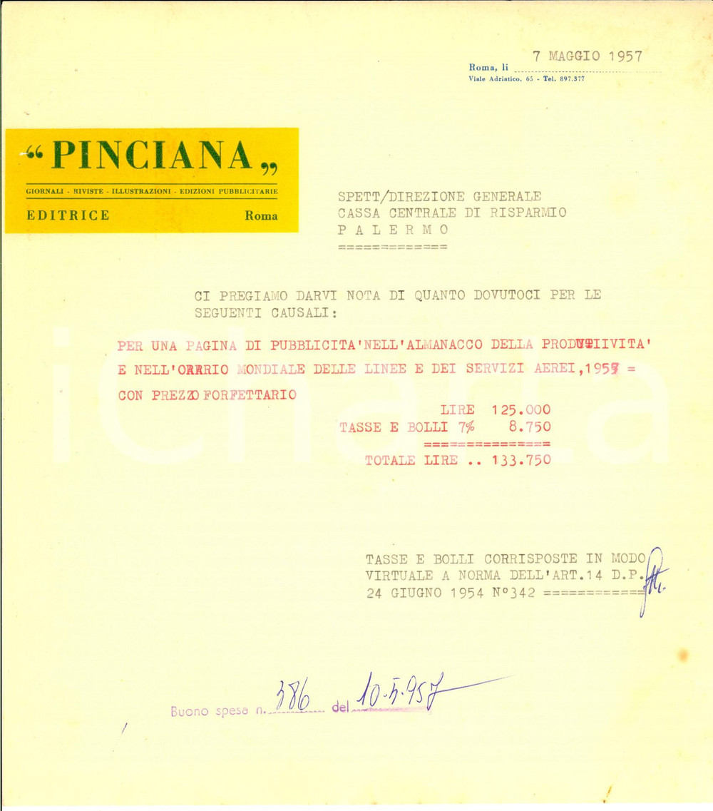 Manoscritto, lettera originale 1957 ROMA Casa Editrice PINCIANA  Conto per una pagina di pubblicitÃ  Lettera 1