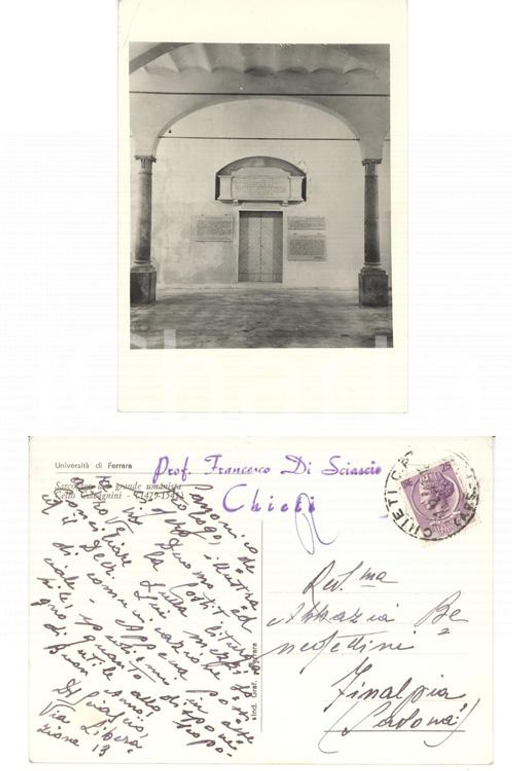 Autografo originale 1960 ca CHIETI Prof. Francesco DI SCIASCIO all'Abbazia di FINALPIA *Autografo 1