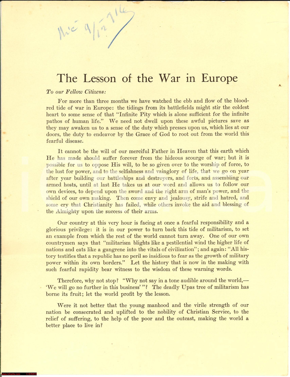 Documento originale, autentico 1914 PHILADELPHIA Yearly Meeting Friends War in Europe 1