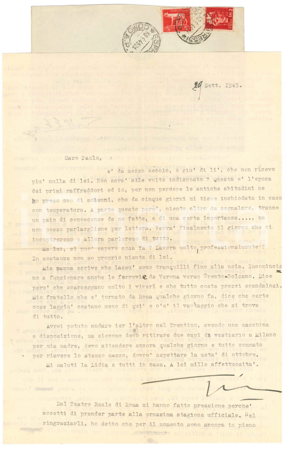 Autografo originale Settembre 1945 AVIO Soprano Gianna PEDERZINI non riprende a cantare  Autografo 1