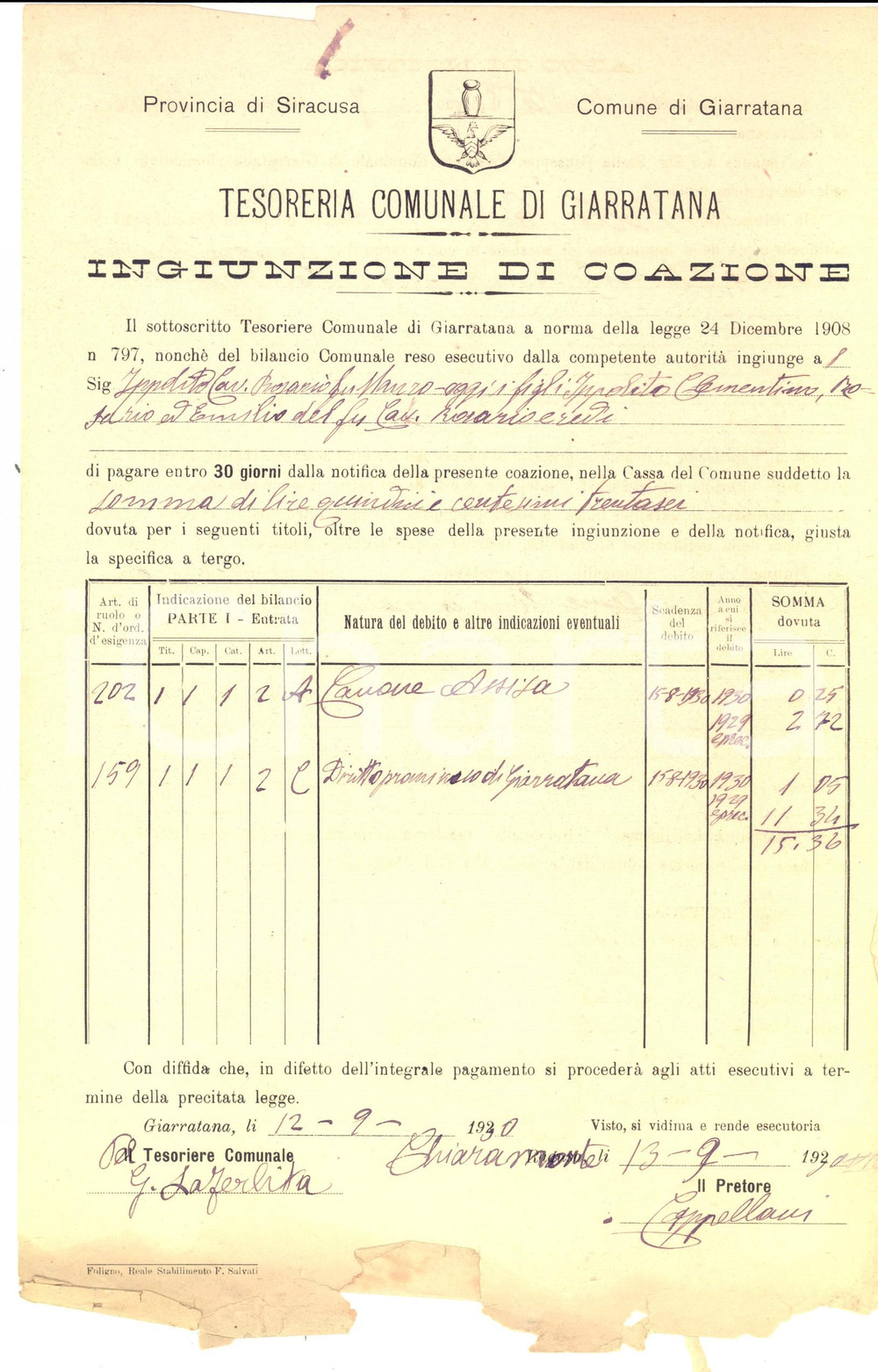 Documento originale, autentico 1908 GIARRATANA Ingiunzione di coazione al cav. Rosario IPPOLITO per canoni 1