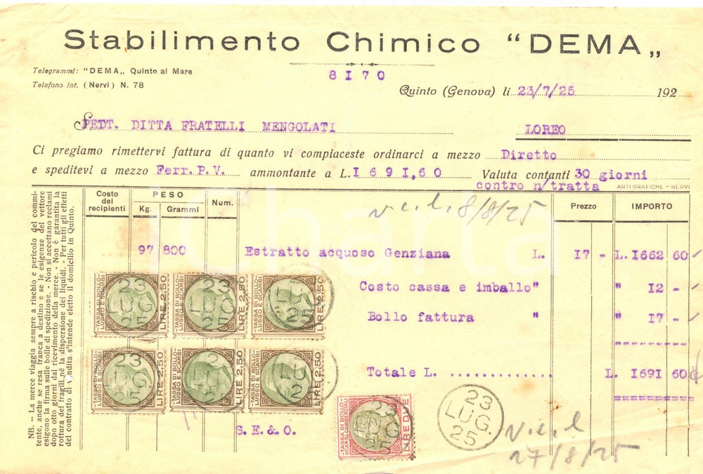 Documento originale, autentico 1925 GENOVA QUINTO AL MARE Stabilimento chimico DEMA Fattura commerciale 1