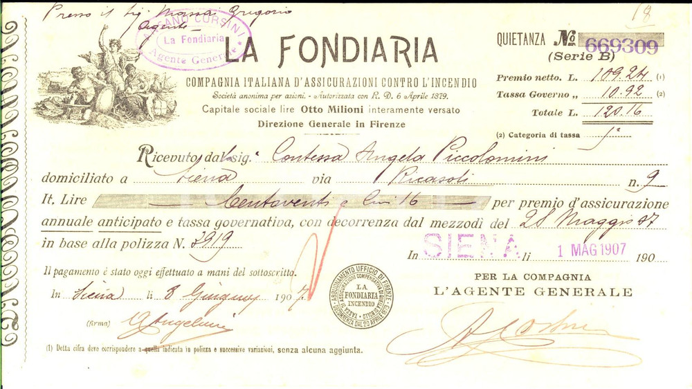 Documento originale, autentico 1907 SIENA Assicurazioni LA FONDIARIA Ricevuta premio nobile Angela PICCOLOMINI 1