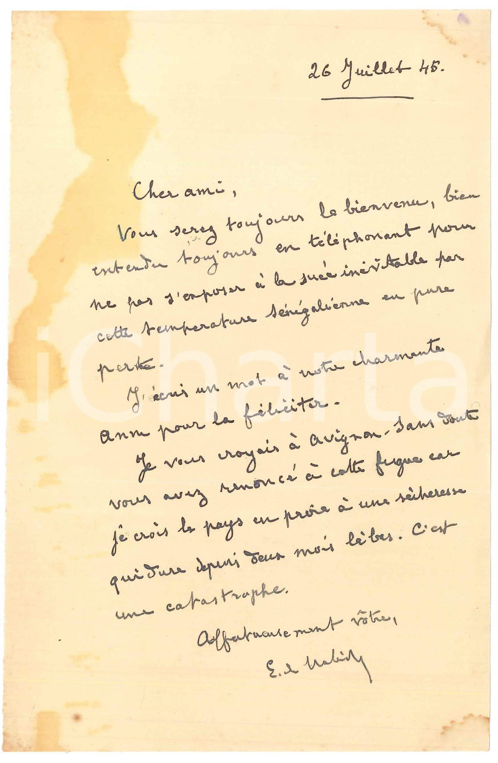 Autografo originale Luglio 1945 FRANCE Etienne BANDY DE NALECHE e la siccitÃ  del Paese Autografo 1