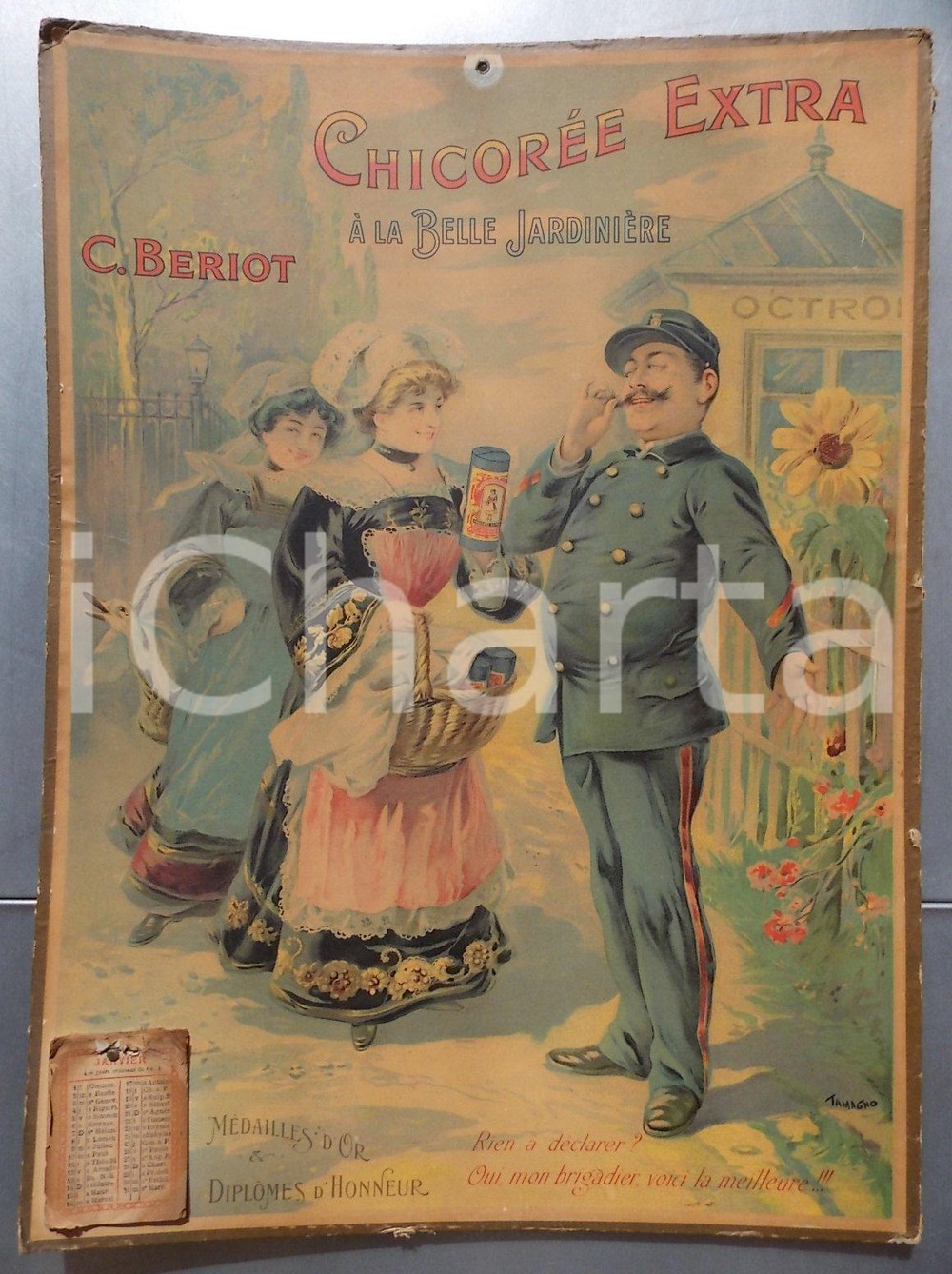 Oggetto da collezione cartaceo 1910ca PARIS Chicorée À LA BELLE JARDINIÈRE Panneau publicitaire avec calendrier 1