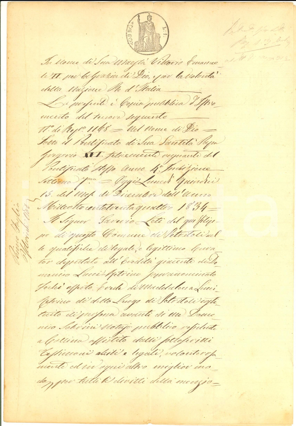 Documento originale, autentico 1834 PETRITOLI FM Domenico LUCCI vende censo a Emanuele Francesco VITALI 1