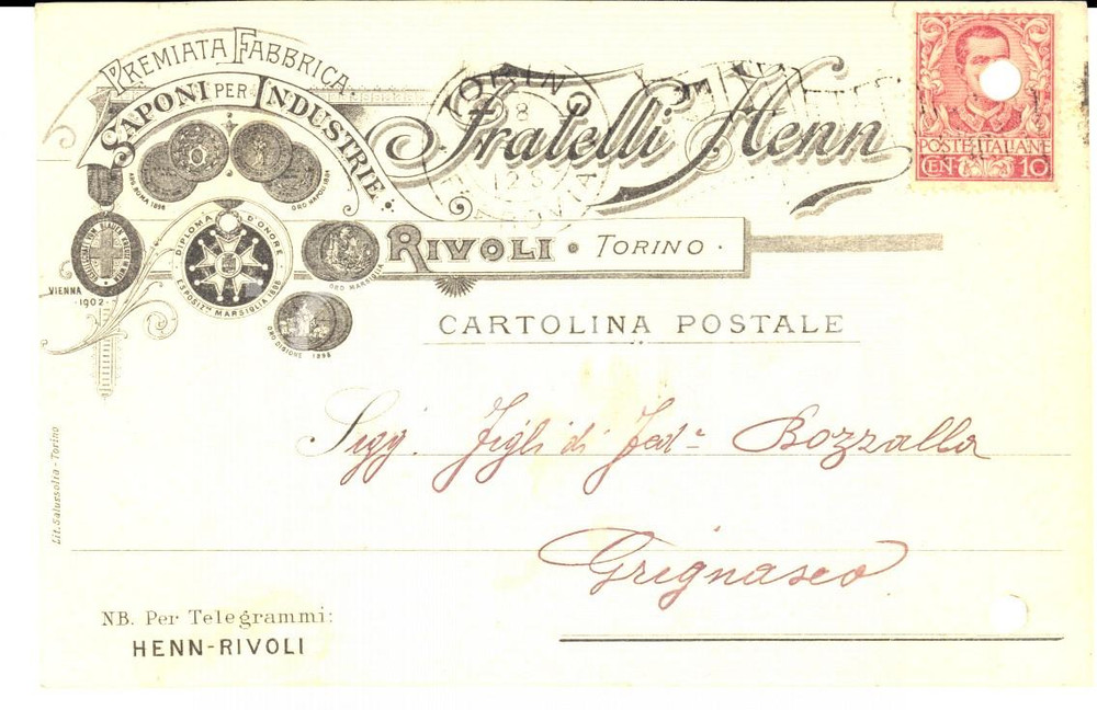 Documento originale, autentico 1903 RIVOLI TO Premiata fabbrica HENN Saponi per industrie Cartolina 1