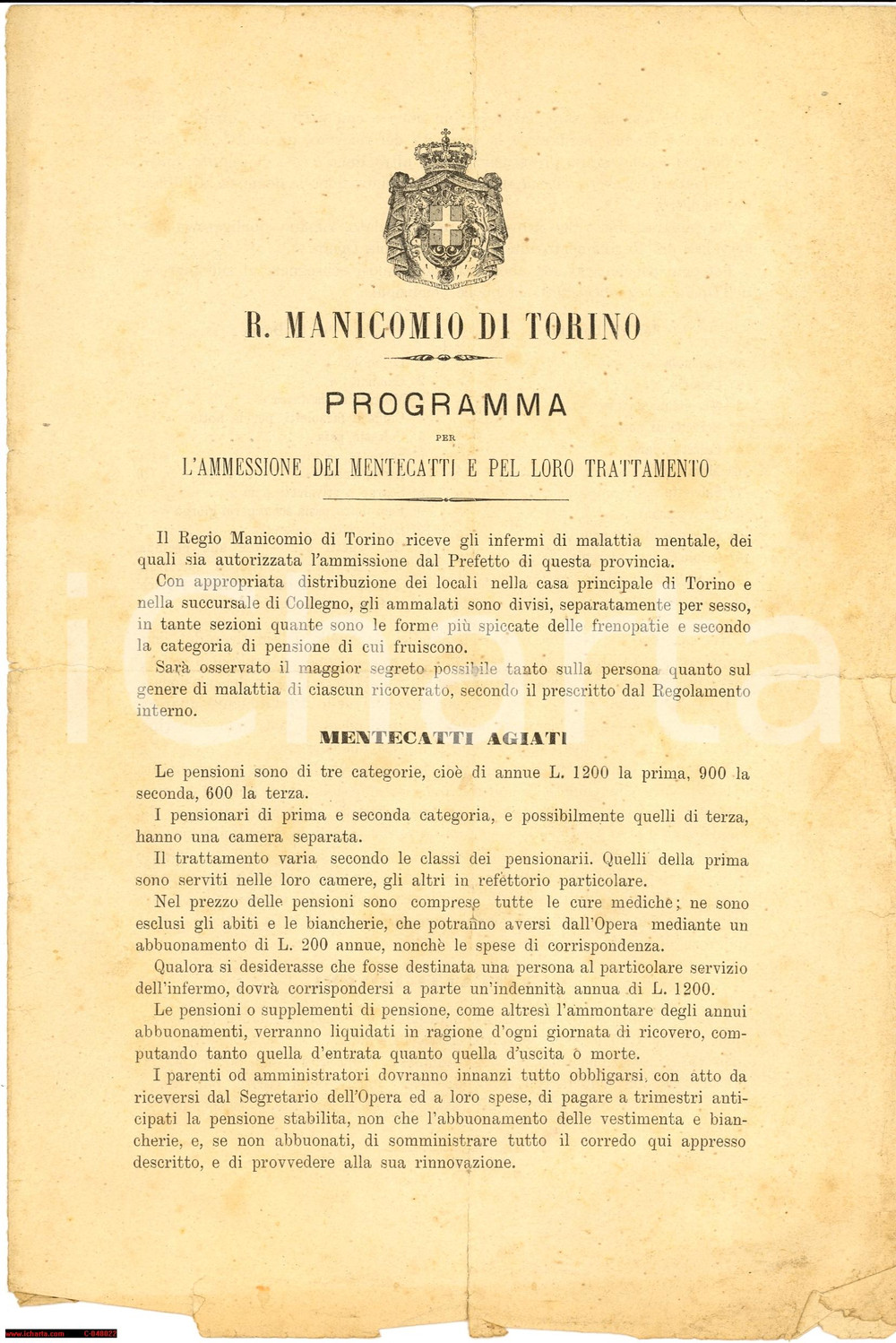 Documento originale, autentico 1892 MANICOMIO DI TORINO Programma per ammissione DOCUMENTO DANNEGGIATO 1