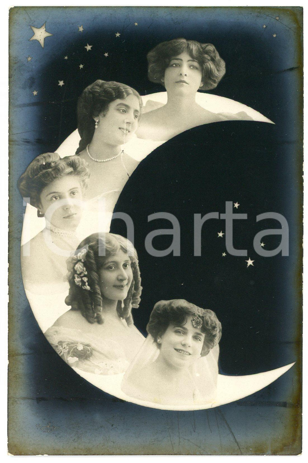1905 ca BELLE EPOQUE Edwardian women in the MOON - Stars sky - Vintage postcard  Cartolina postale d'epoca, non viaggiata.CONDIZIONI: GFORMATO: FP    originale e autentica 1