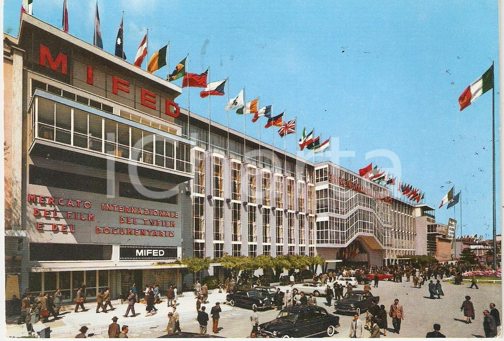 Cartolina originale da collezione 1962 MILANO Palazzo delle Nazioni Fiera MIFED Animata Cartolina FG VG 1