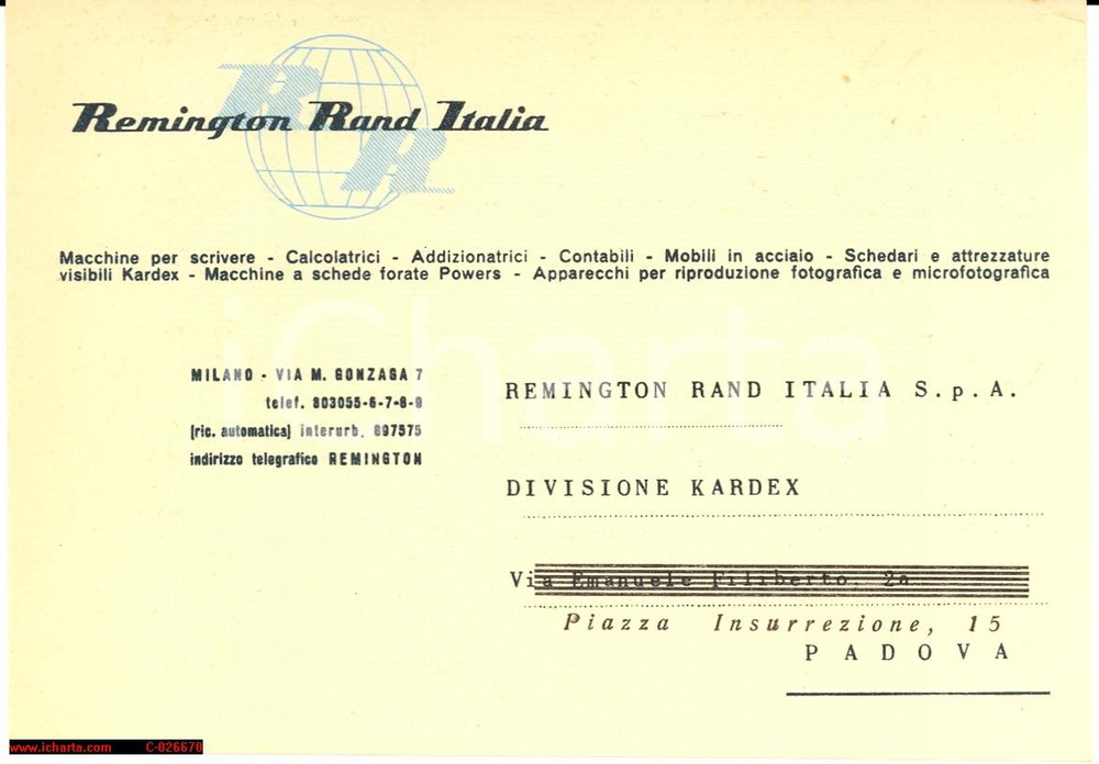 Cartolina originale da collezione 1950 Milano REMINGTON RAND ITALIA cartolina commerciale 1