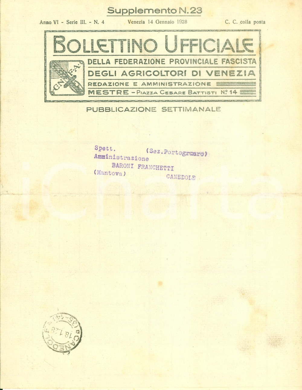 Documento originale, autentico 1928 VENEZIA Federazione Provinciale Fascista Agricoltori Bollettino mercati 1