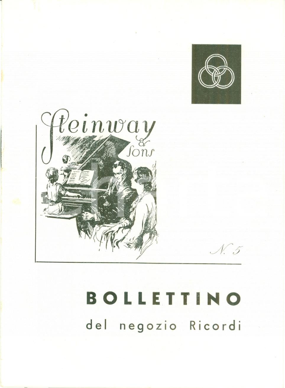 Materiale pubblicitario d’epoca 1940 ca MILANO Bollettino negozio RICORDI n. 5 pianoforti STEINWAY Opuscolo 1