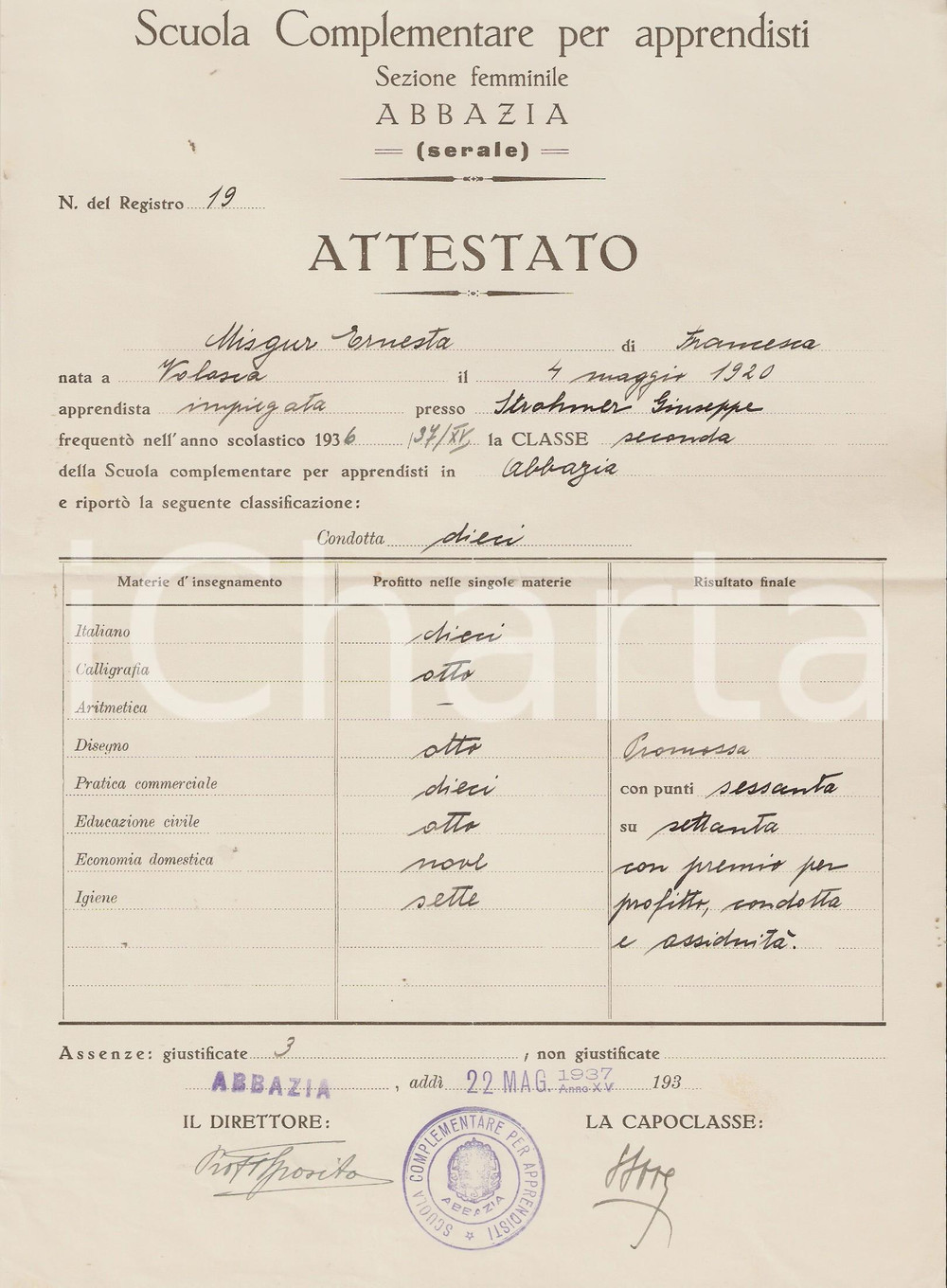Oggetto da collezione cartaceo 1937 ABBAZIA OPATIJA HR Attestato Scuola Apprendisti 1