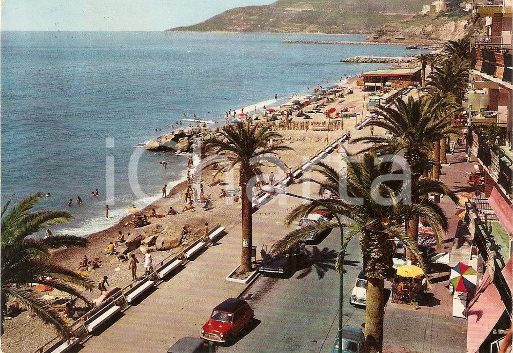 Cartolina originale da collezione 1973 VENTIMIGLIA (IM) Spiaggia MINI COOPER e Lungomare *Cartolina VINTAGE 1