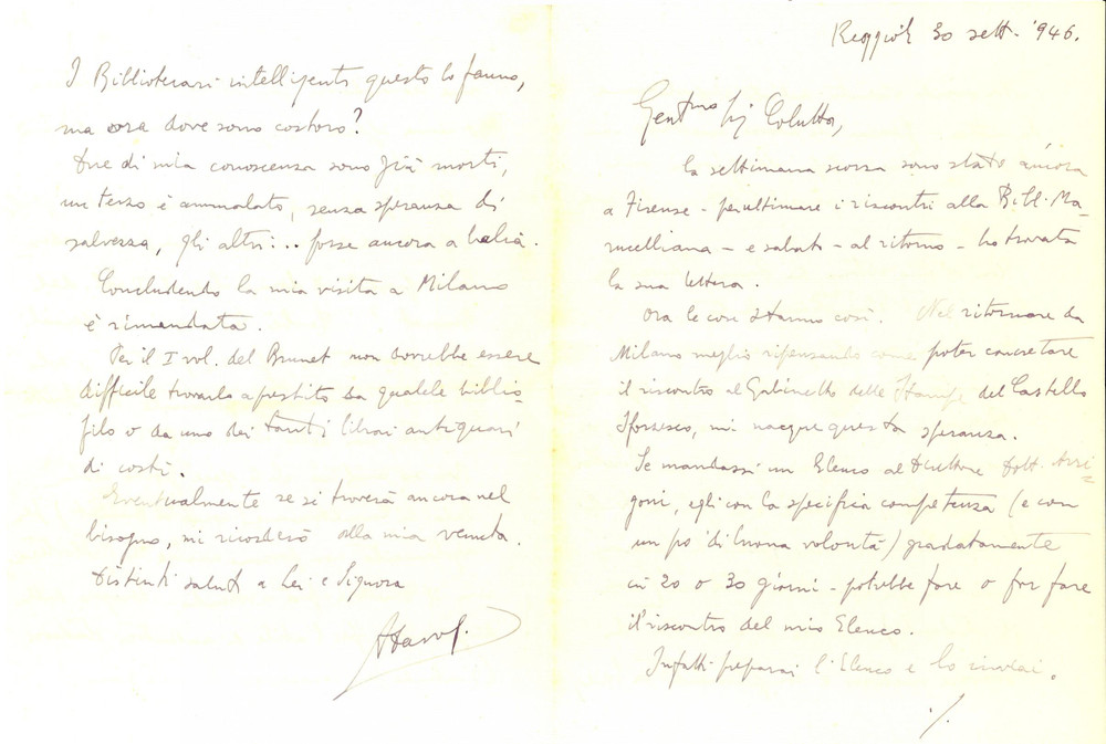 Autografo originale 1946 REGGIO EMILIA Angelo DAVOLI contro i bibliotecari sfaticati AUTOGRAFO 1