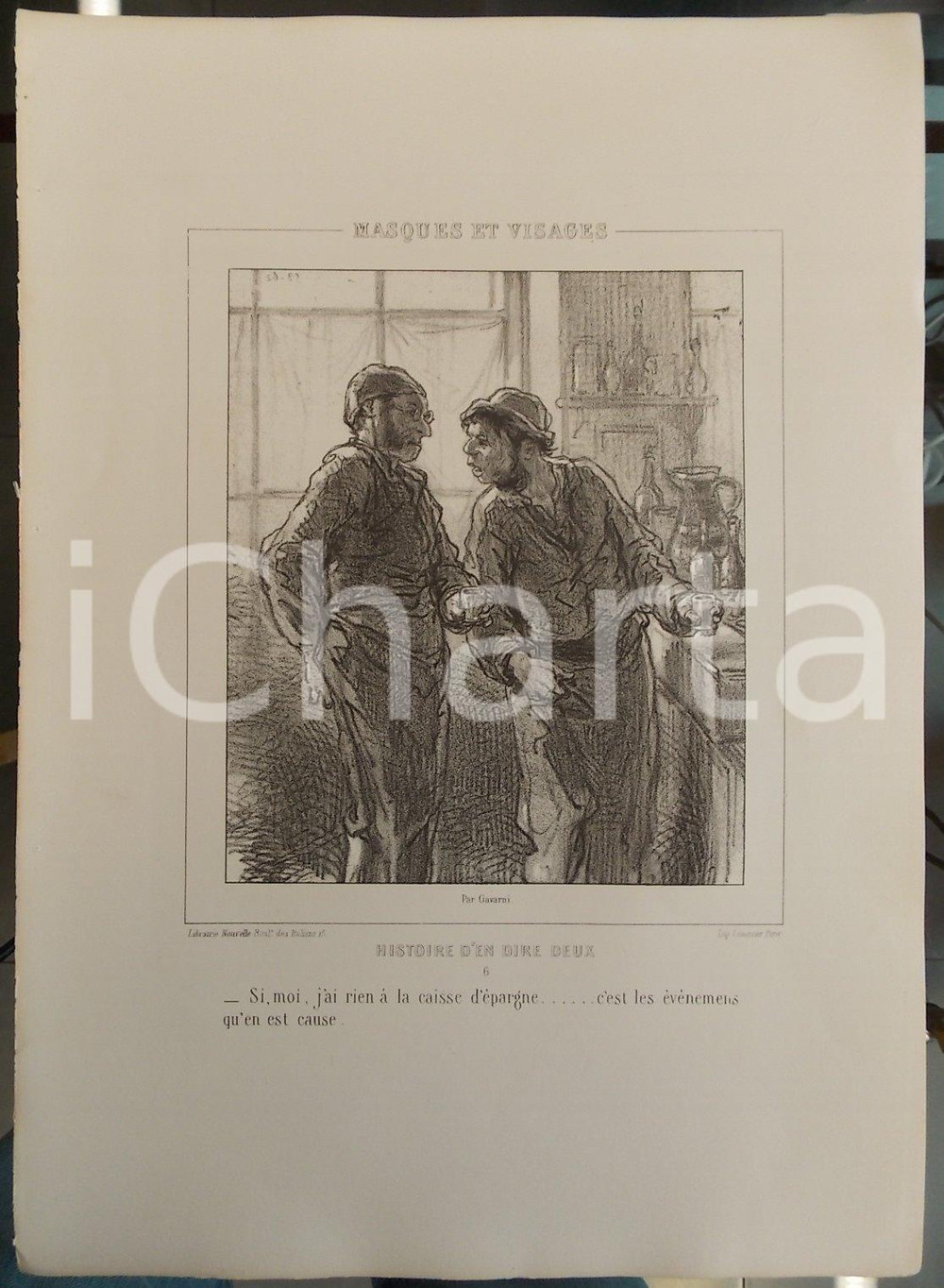 Stampa, bozzetto originale 1853 Paul GAVARNI Masques et visages-Histoire d'en dire deux Tav.6 Rien en casse 1