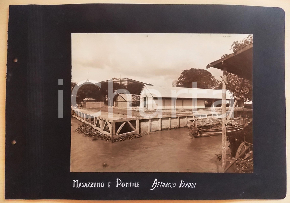 Fotografia d epoca originale 1920 ca BANGKOK Magazzino DESCOURS & CABAUD e pontile  Attracco vapori  Foto 1