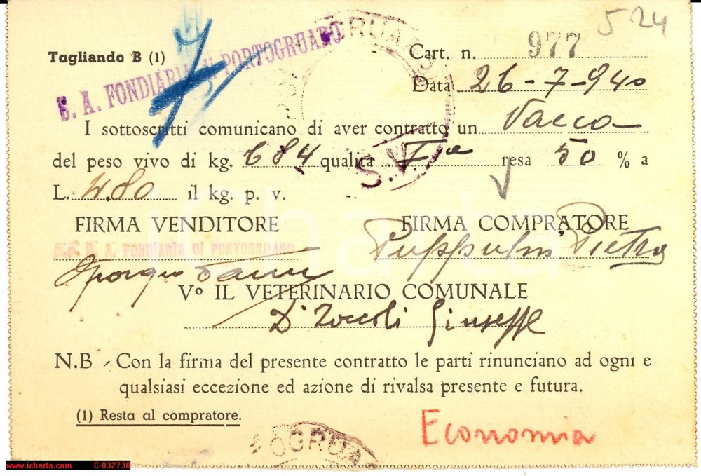 Documento originale, autentico 1940 PORTOGRUARO (Venezia) compravendita mucca 1