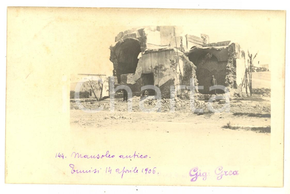 1906 TUNISI Veduta di un antico mausoleo - Fotocartolina ANIMATA