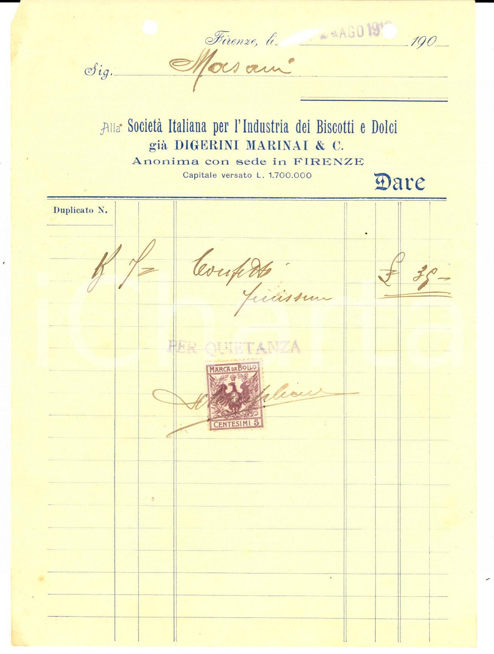 Documento originale, autentico 1918 FIRENZE Società Italiana Biscotti e Dolci già DIGERINI MARINAI Fattura 1