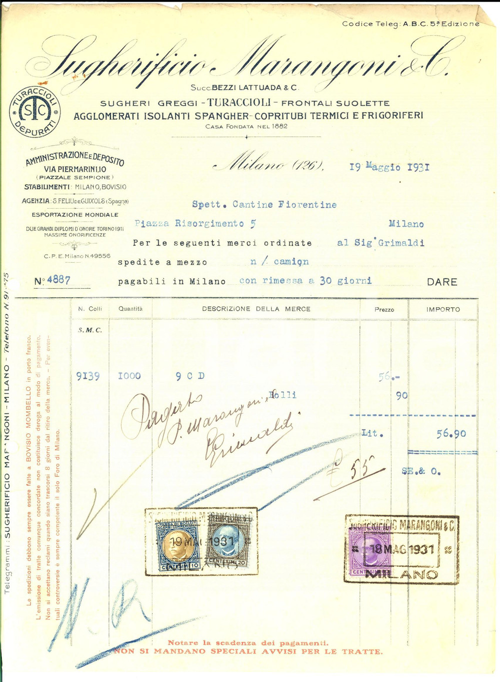 Documento originale, autentico 1931 MILANO Sugherificio MARANGONI Succ. BEZZI LATTUADA Fattura con bolli 1
